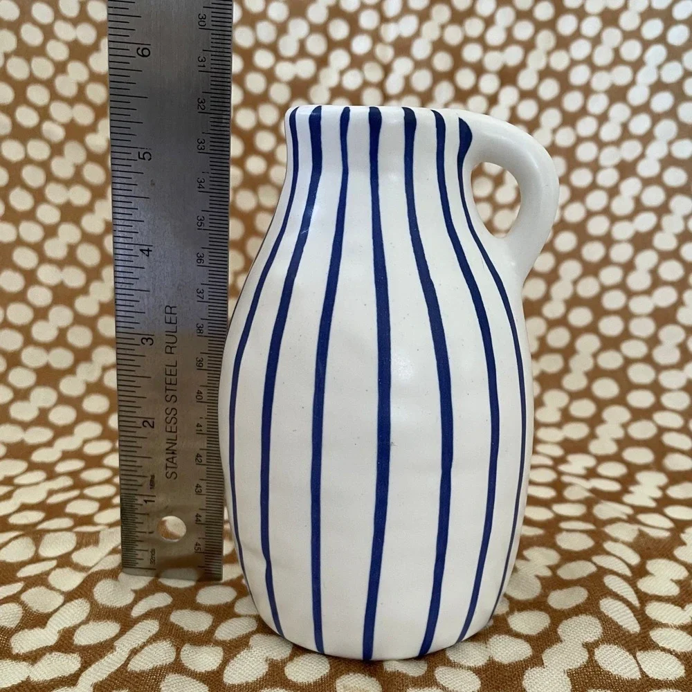 Ikea White Ceramic Pitcher Vase with Blue Stripes Scandinavian Modern Decor‎